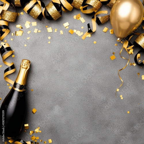 Festive celebration background with champagne bottle, gold balloons, confetti, and ribbons.