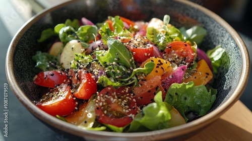 Vibrant Salad Medley, a colorful bowl filled with crisp vegetables and nutritious seeds, perfect for a healthy meal option.