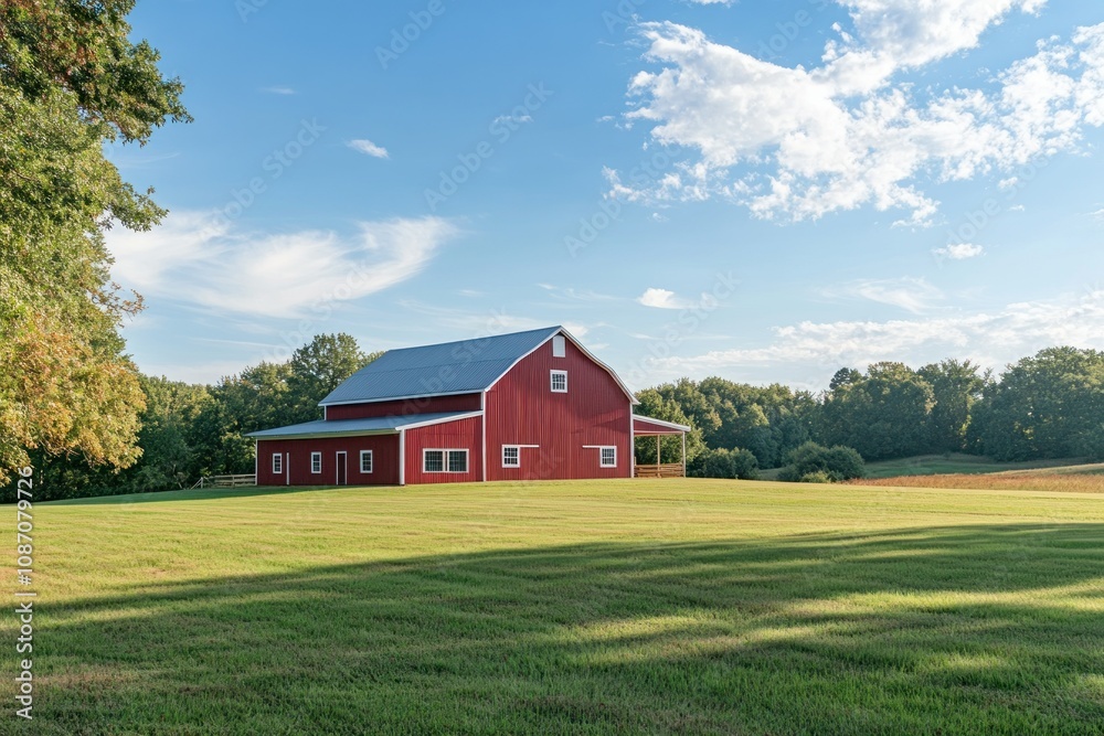 Red Barn Surrounded by Fields and Blue Sky Red Barn Surrounded by Fields and Blue Sky