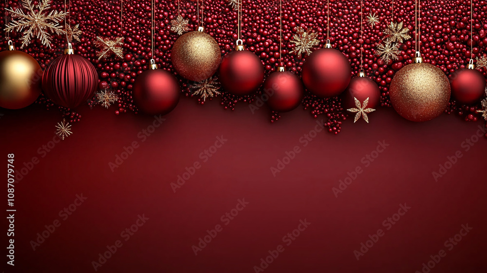 A festive arrangement of gold and red Christmas ornaments against a deep red backdrop, perfect for holiday marketing, greeting cards, and seasonal promotions.