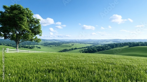 Scenic view of rolling green hills under a clear blue sky.