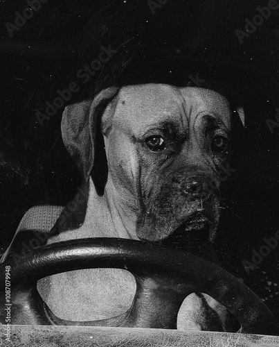   Portrait Of the Dog. Bullmastiff Behind the Wheel: Reality or Dream ? photo