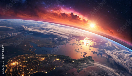 Breathtaking view of the earth during a vibrant sunset from space. Earth horizon with illuminated city lights.