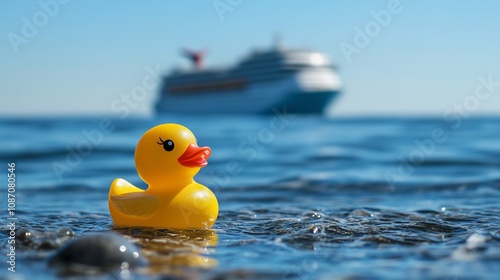 Yellow rubber duck floating in the sea with a cruise ship in the background.