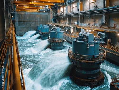 Industrial Powerhouse: Dynamic Water Turbines in Action Inside a Large Hydro Power Plant with Flowing Water and Vibrant Machinery