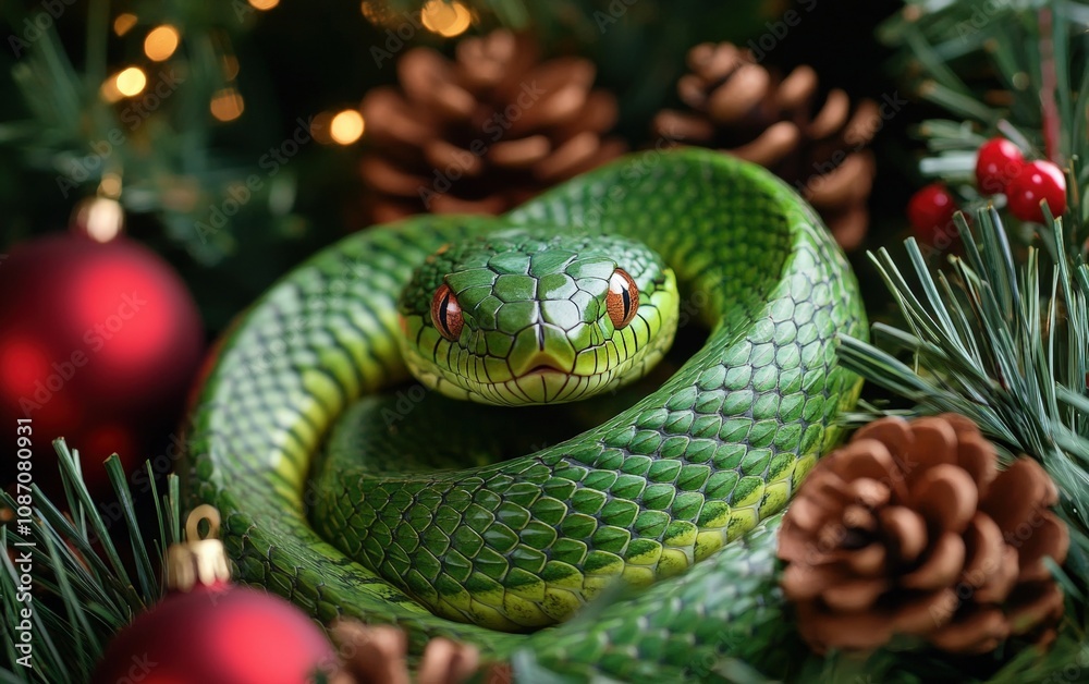 Fototapeta premium green snake cozy christmas background