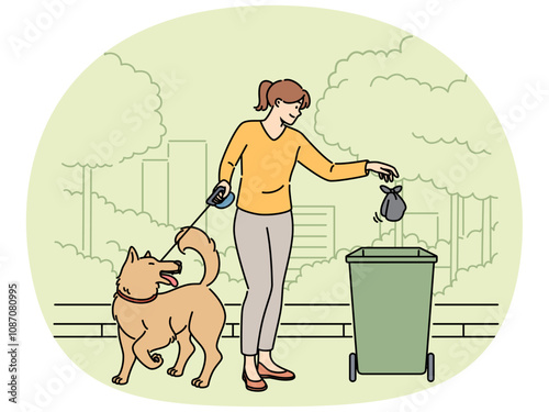 Woman walking dog throws bag of puppy poop into trash can, taking care of cleanliness of park. Smiling girl cleaning up after dog on street, showing responsibility and love for environment