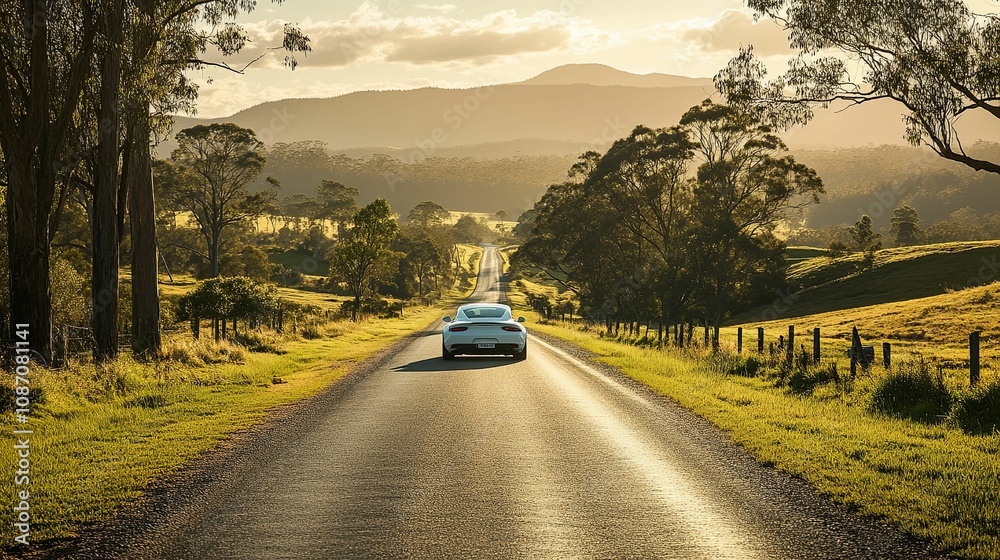 White Sports Car Driving on Winding Road Through Rolling Hills at Sunset White Sports Car Driving on Winding Road Through Rolling Hills at Sunset