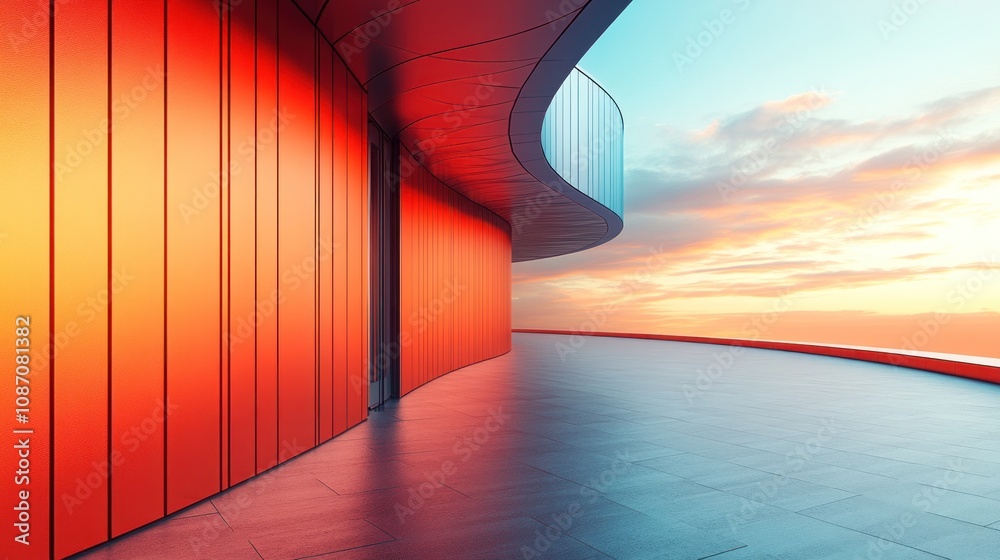 Modern architectural design with a curved red facade and sunset view. Modern architectural design with a curved red facade and sunset view.