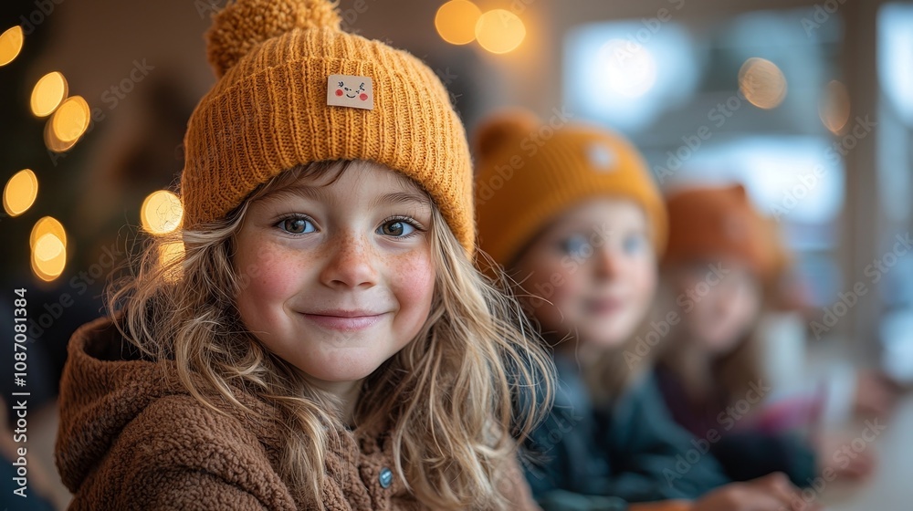 Cheerful children wearing cozy hats during a festive gathering Cheerful children wearing cozy hats during a festive gathering