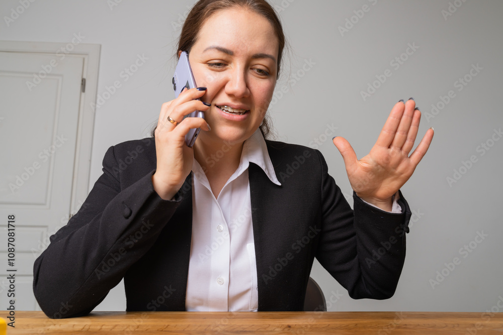 Young businesswoman with braces looks at her laptop screen. Young businesswoman with braces looks at her laptop screen.