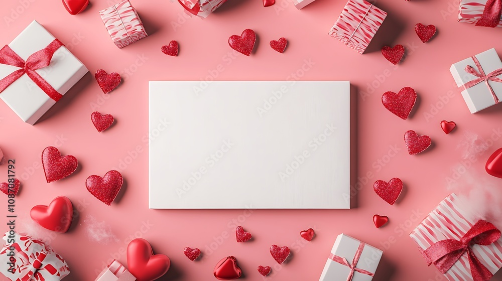 Valentine's Day Background with Gifts, Hearts, and Blank Card Valentine's Day Background with Gifts, Hearts, and Blank Card