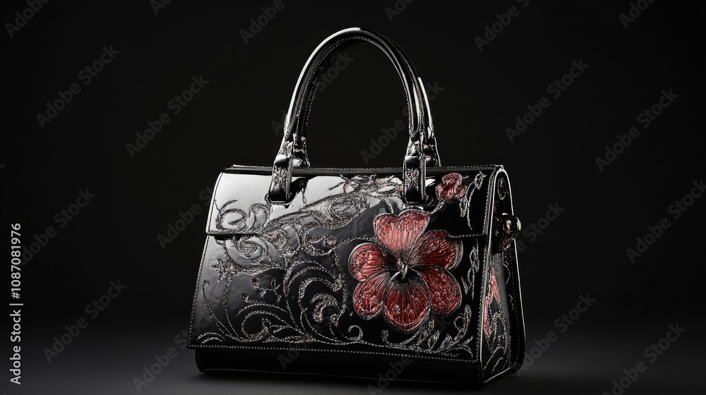 Elegant Black Handbag with Floral Design