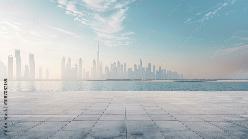 Empty square floor with city skyline background, City skyline with bustling cultural market, vibrant urban scene Empty square floor with city skyline background, City skyline with bustling cultural market, vibrant urban scene