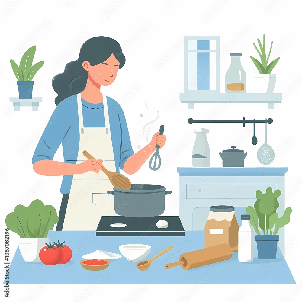 Woman Cooking in Flat Style on White Background Woman Cooking in Flat Style on White Background