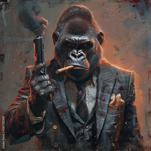 Gorilla in a Suit with a Gun and Cigar