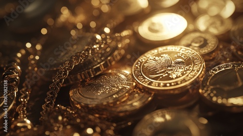 A collection of gold coins and jewelry displayed together, symbolizing both their preciousness and asset value, shining brightly under soft lighting in an upscale setting
