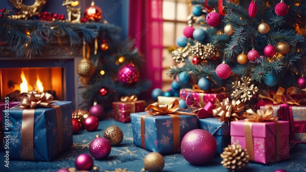 Festive Christmas gift box scene featuring a beautifully decorated tree with vibrant ornaments Festive Christmas gift box scene featuring a beautifully decorated tree with vibrant ornaments