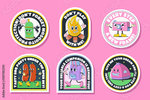 Sticker collection y2k groovy.  Set of camping stickers in Y2k style. Teen fashion drawings in the style of the 90s and 2000s