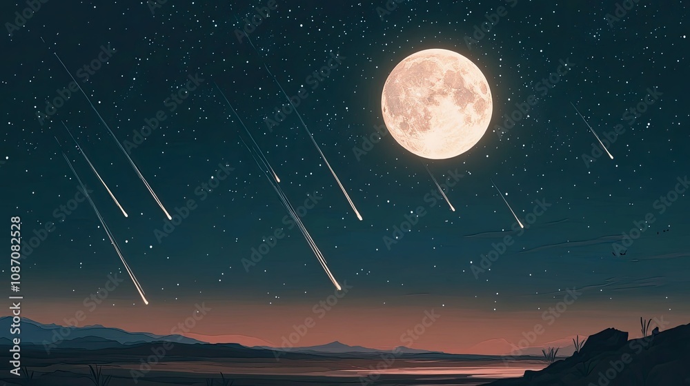 Fototapeta premium Starry sky with shooting stars and a glowing full moon