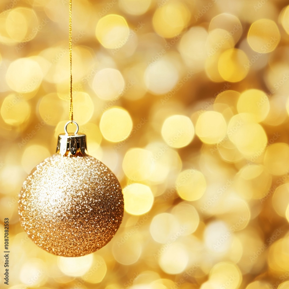 Golden Christmas bauble hanging against a bokeh background. Golden Christmas bauble hanging against a bokeh background.