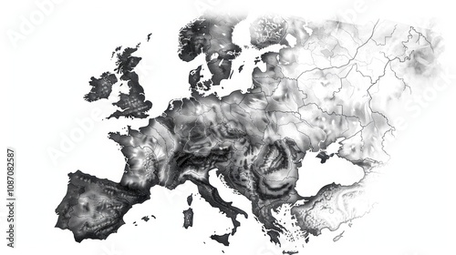Detailed Greyscale Topographic Relief Map of Europe