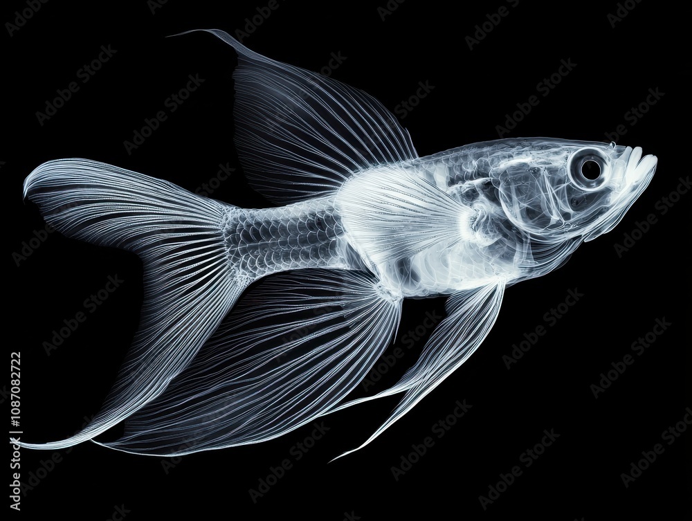 X-ray Illustration of a Goldfish Featuring Intricate Fin Structures and Skeletal Details Against a Black Background for Scientific and Educational Purposes