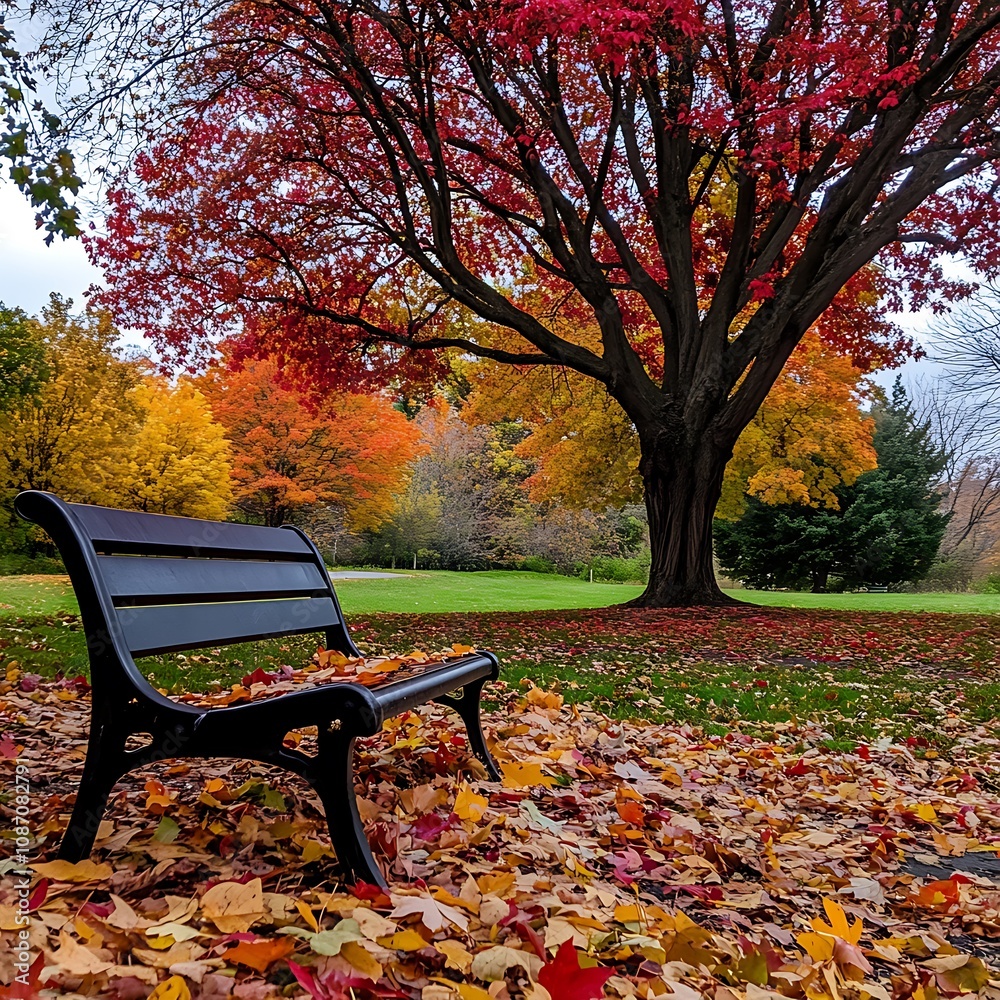 Autumn Park Bench with Fallen Leaves Autumn Park Bench with Fallen Leaves