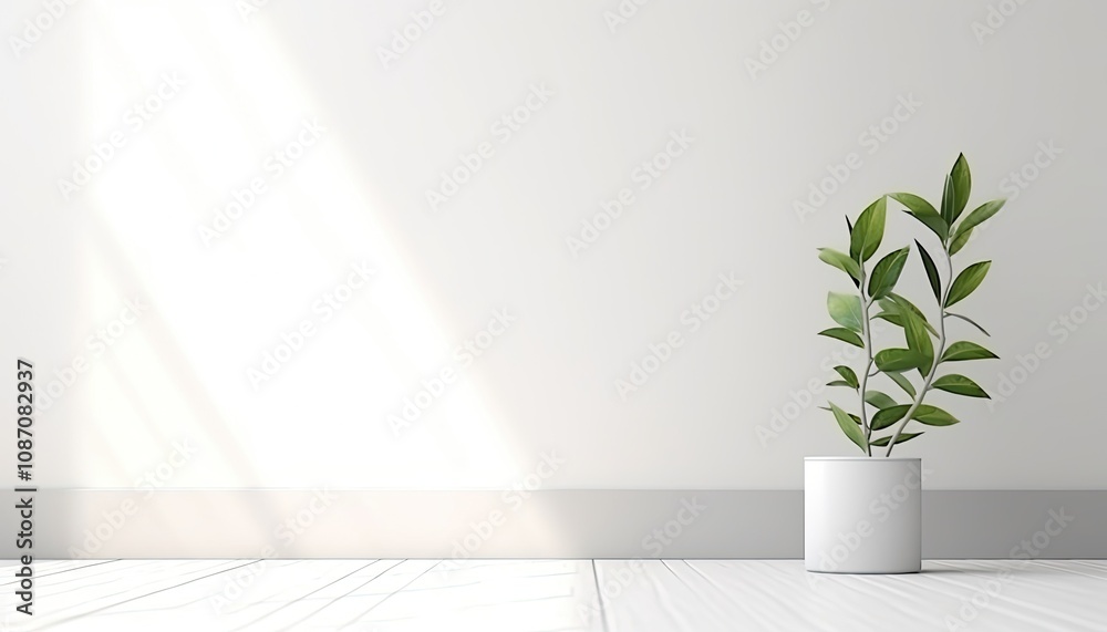 Green plant on white floor in white room with copyspace. Design template. Green plant on white floor in white room with copyspace. Design template.