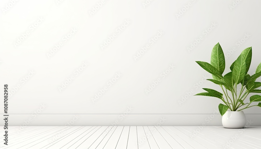 Green plant on white floor in white room with copyspace. Design template. Green plant on white floor in white room with copyspace. Design template.