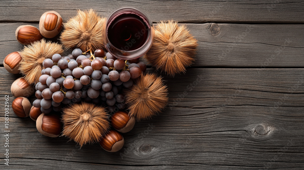Glass of red wine with grapes, chestnuts, and chestnut husks on rustic wooden surface, emphasizing autumn harvest and seasonal produce conveying a cozy and elegant aesthetic Glass of red wine with grapes, chestnuts, and chestnut husks on rustic wooden surface, emphasizing autumn harvest and seasonal produce conveying a cozy and elegant aesthetic