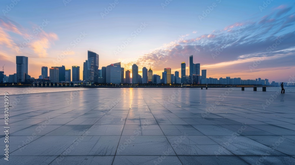 Empty square floor with city skyline background, Urban square with colorful community street festival, festive city scene Empty square floor with city skyline background, Urban square with colorful community street festival, festive city scene