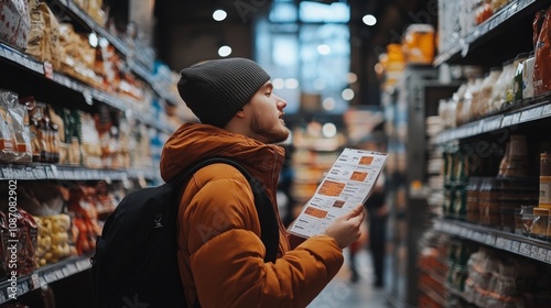 Mindful Shopper An individual intently examining nutrition labels in a grocery store, prioritizing healthy choices during their shopping experience.