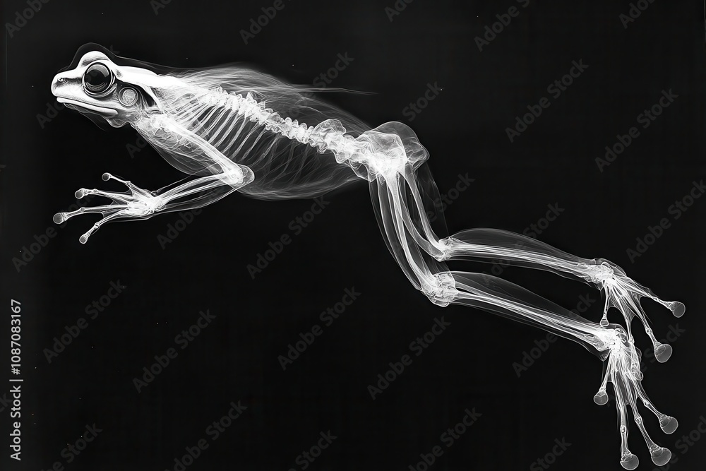 Fototapeta premium Stunning X-ray Image of a Frog Capturing Anatomy in Motion, Showcasing the Unique Skeletal Structure and Subtle Details of Amphibian Life in Its Natural Elegance