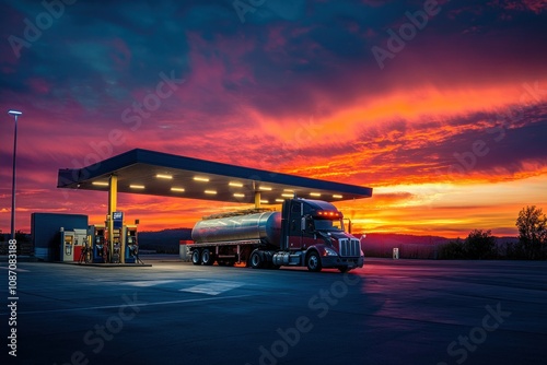 Truck at Gas Station During Vibrant Sunset photo