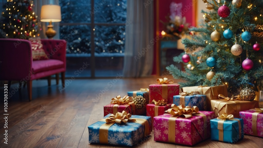 Festive Christmas gift box scene featuring a beautifully decorated tree with vibrant ornaments