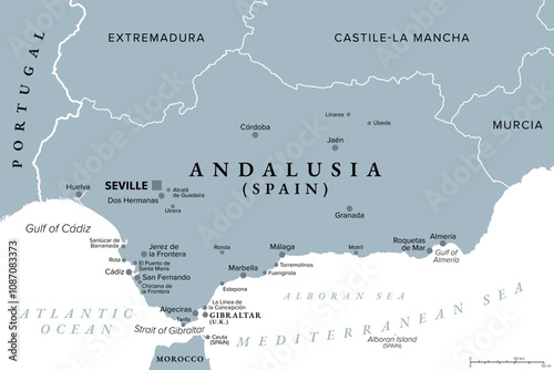 Andalusia, a region of Spain, with capital Seville, gray political map. Southernmost autonomous community in Peninsular Spain, located in the south of the Iberian Peninsula, in southwestern Europe.