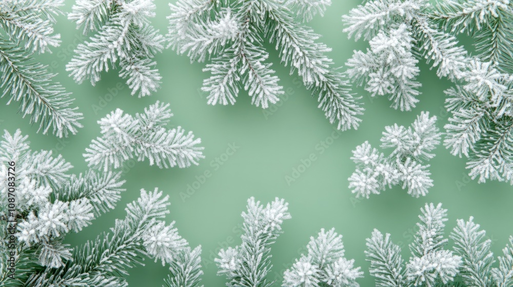 christmas frame with green snowy pine branch against green background christmas frame with green snowy pine branch against green background