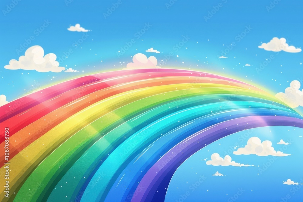 Rainbow Arcs Across Blue Sky with Fluffy Clouds Gently Floating Rainbow Arcs Across Blue Sky with Fluffy Clouds Gently Floating