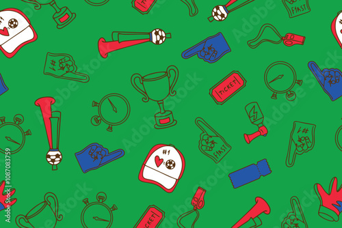 Seamless pattern of football players accessories and attributes in doodle style on green background. Football decorative illustration. Vector. 