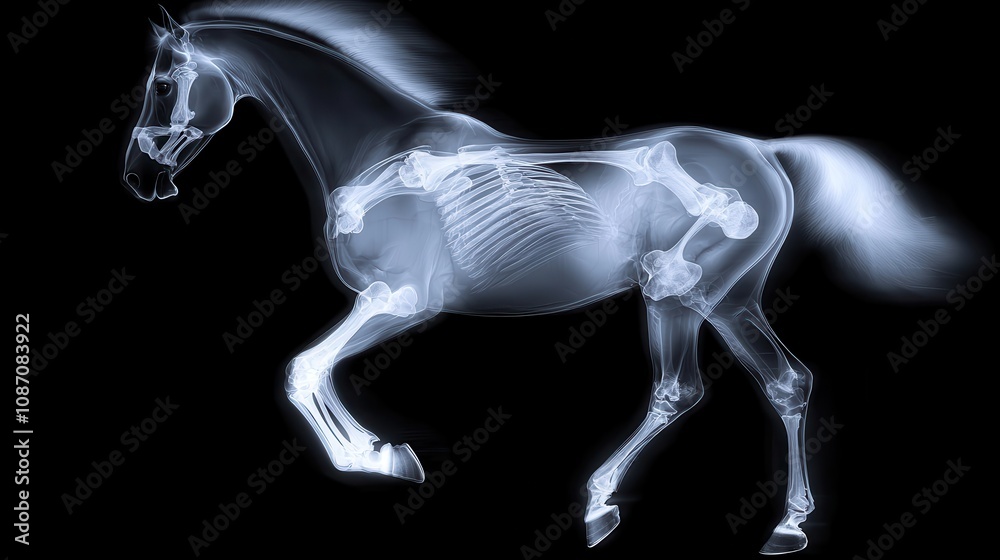X-ray Image of a Galloping Horse Highlighting Skeletal Structure and Anatomy with Detailed Boning and Joint Composition in Motion Against a Black Background X-ray Image of a Galloping Horse Highlighting Skeletal Structure and Anatomy with Detailed Boning and Joint Composition in Motion Against a Black Background
