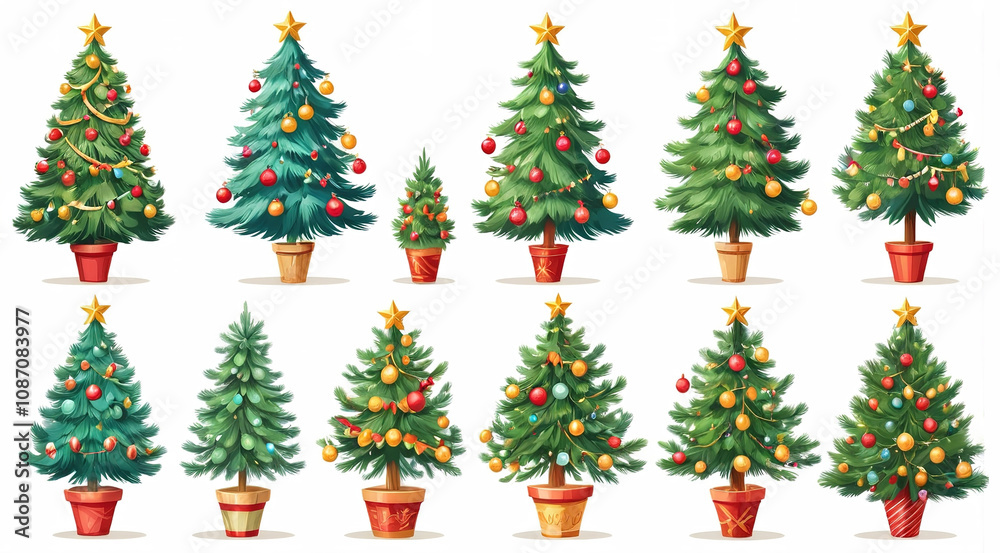 Collection of classic Christmas trees with ornaments and pots, designed in vector style on a white backdrop.  