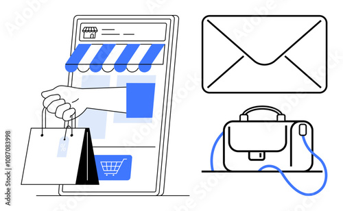 Hand holding shopping bags emerges from smartphone display, accompanied by a mail envelope and a leather bag icon. Ideal for e-commerce, online shopping, digital marketing, retail, communication