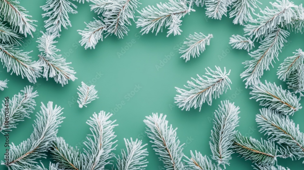 christmas frame with green snowy pine branch against green background christmas frame with green snowy pine branch against green background