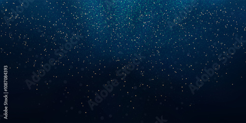 Underwater abstract bg with glowing plankton, overlay effects and bokeh. Dark blue gradient background and photofluorescent particles and microorganisms.