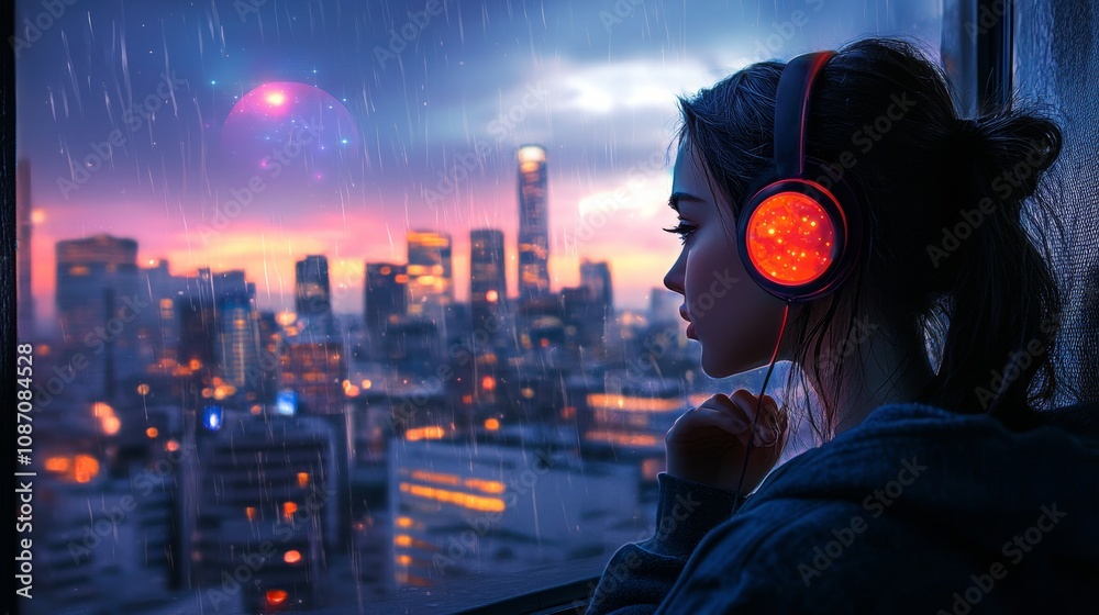 Lofi girl on a rooftop, city skyline in the background, immersed in music, peaceful urban atmosphere, vibrant sunset hues Lofi girl on a rooftop, city skyline in the background, immersed in music, peaceful urban atmosphere, vibrant sunset hues