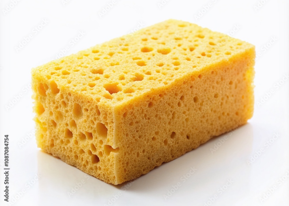 Isolated Yellow Sponge on White Background for Architectural Photography and Minimalist Design Concepts, Highlighting Texture, Color, and Simple Aesthetic Appeal in a Clean Composition