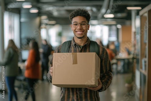 Young man holding a box in modern office setting