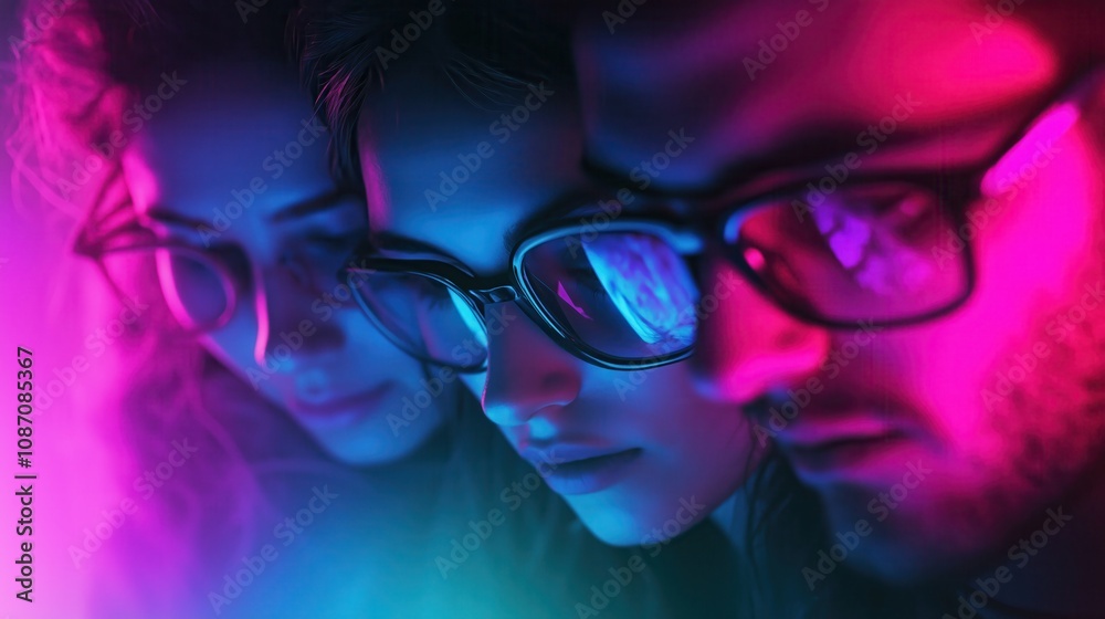 Three individuals with glasses are illuminated by vibrant pink and blue lights, creating a striking, modern aesthetic. Three individuals with glasses are illuminated by vibrant pink and blue lights, creating a striking, modern aesthetic.