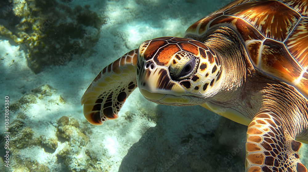 Fototapeta premium Close-Up of a Sea Turtle Swimming in Clear Water with Sunbeams Shining Through, Revealing its Intricate Shell Pattern and Striking Eye